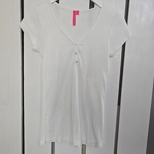 Charlotte Tarantola Ribbed Crystal Button White Fitted Cap Sleeve Top L Y2K